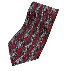 Robert Talbott Men's Silk Tie Red Blue Diamond Geometric Pattern Hand Sewn USA